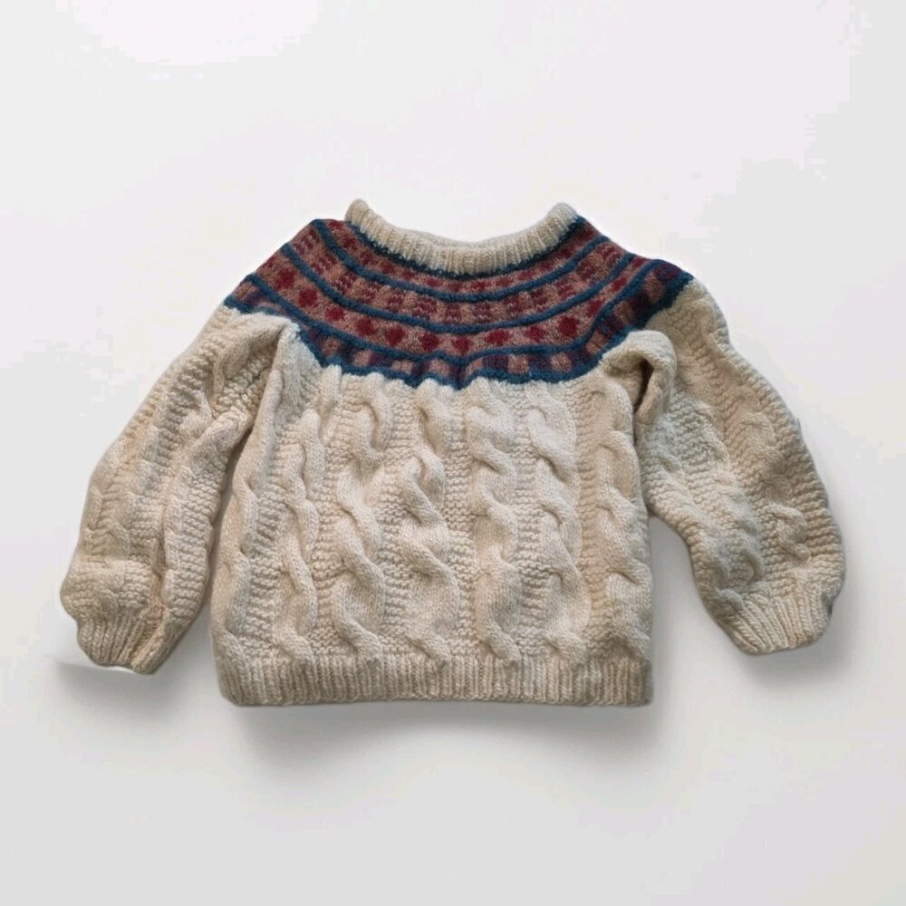Unbranded Handknit Sweater Womens S/M Cream LS Fair Isle Cable Chunky Boho Cabin